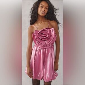 NWOT Sister Jane Rose Sea Peony Bubble Hem 3D Floral Pink Satin Dress Medium